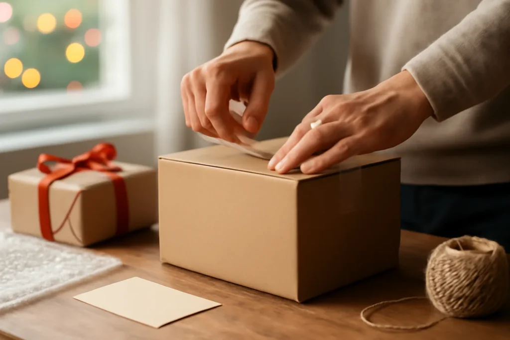 Mãos fechando caixa de envio ao lado de presente em papel kraft, plástico bolha e cartão escrito à mão