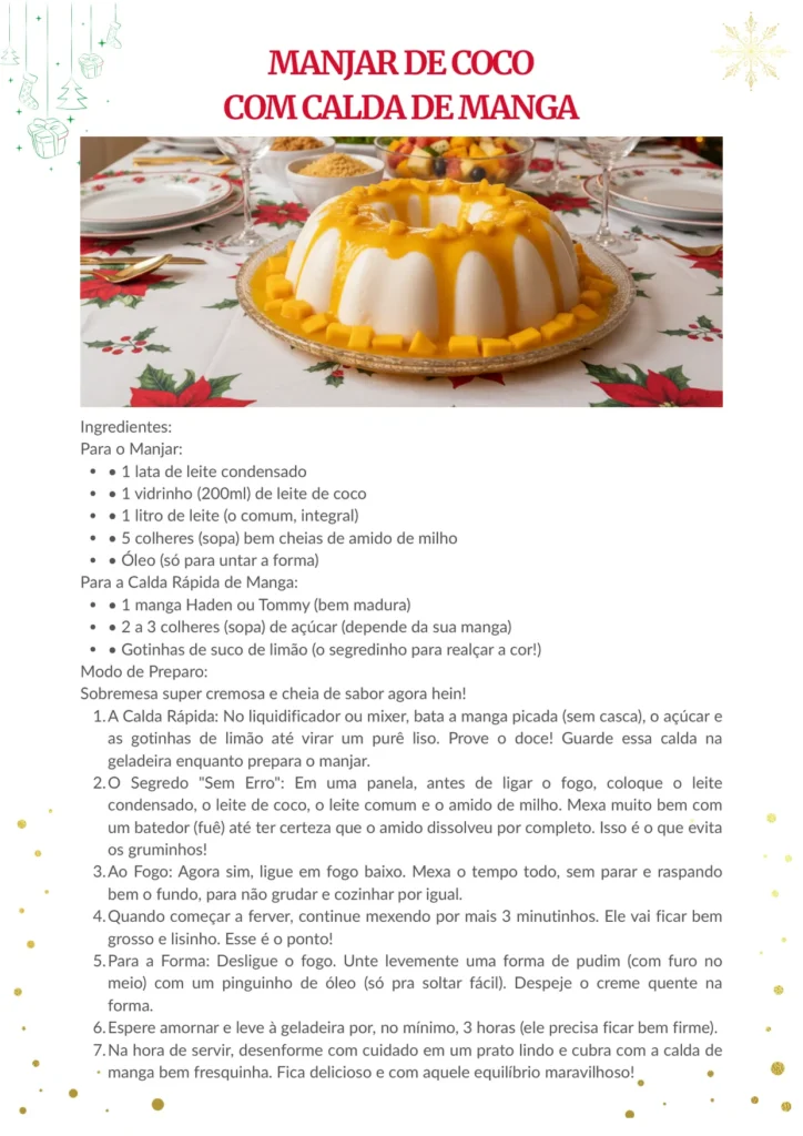 Página da receita de manjar de coco com calda de manga