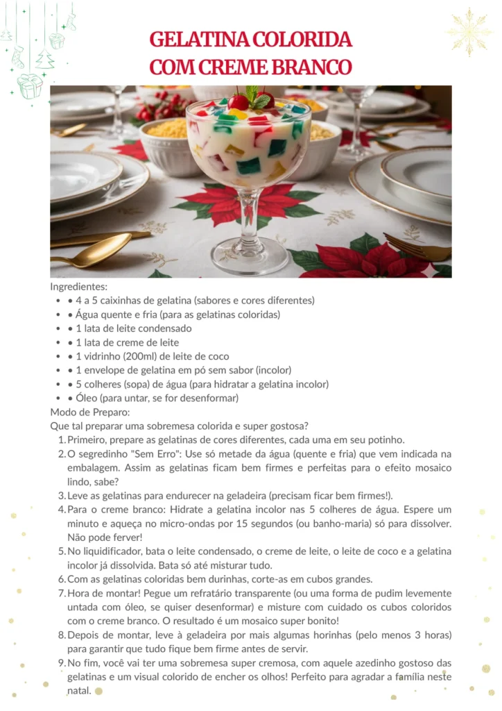 Página da receita de gelatina colorida com creme branco